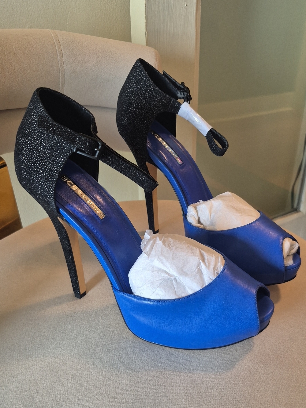 BCBGeneration Blue and Black Peep-Toe High Heel Sandals